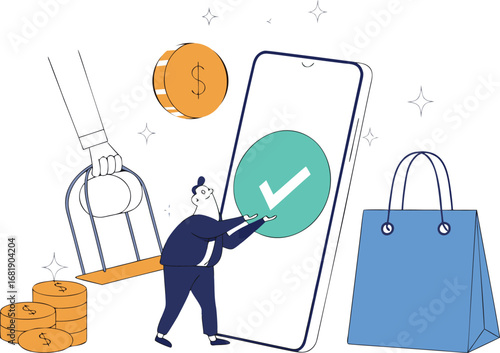 Person completing online transaction with mobile phone and coins online shopping