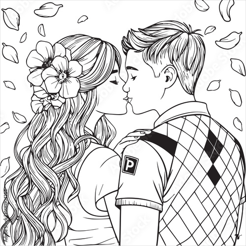 Romantic couple line art illustration, Love couple black and white drawing, Young couple romance outline art, Floral romantic couple illustration, Love story couple line drawing