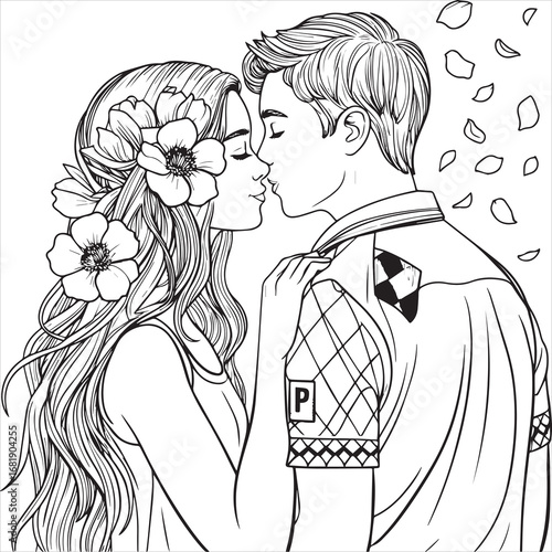 Romantic couple line art illustration, Love couple black and white drawing, Young couple romance outline art, Floral romantic couple illustration, Love story couple line drawing