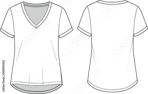 V-neck women’s T-shirt flat sketch, front and back view, short sleeves, casual apparel fashion technical drawing illustration