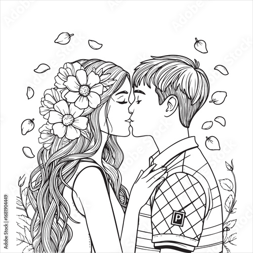 Romantic couple line art illustration, Love couple black and white drawing, Young couple romance outline art, Floral romantic couple illustration, Love story couple line drawing