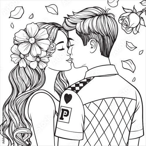 Romantic couple line art illustration, Love couple black and white drawing, Young couple romance outline art, Floral romantic couple illustration, Love story couple line drawing