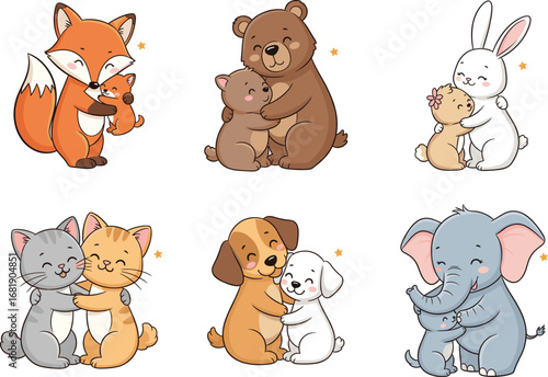 cute cartoon animals hugging, affectionate animal pairs, love and friendship illustration, vector clipart for kids and families