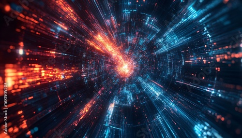 The illustration shows a digital tunnel composed of glowing blue and orange lines and particles, radiating outward from a central point.