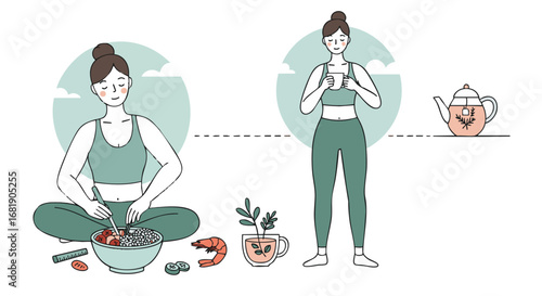 Healthy habits concept vector with a woman preparing a balanced meal and enjoying a cup of tea. Daily wellness and mindful living illustration