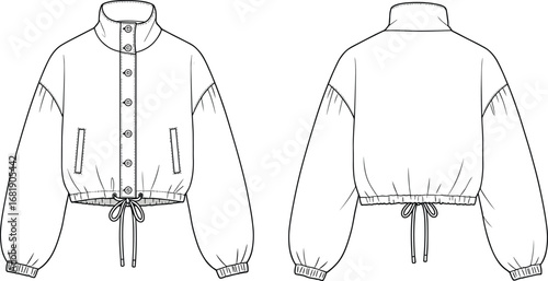 High neck drawstring jacket front and back view, button up closure, cad sketch, outerwear technical fashion flat vector illustration