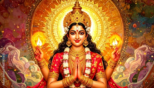 Radiant deity, adorned in red, golden crown