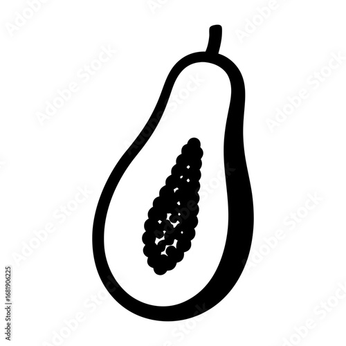 Black and white half papaya icon illustration with seeds inside view
