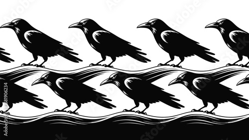 Stunning black raven pattern with dramatic wavy lines and bold graphic style for striking designs