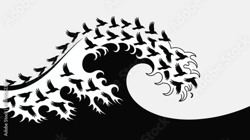 Dynamic flock of birds soaring over a stylized black wave in a striking contrast design