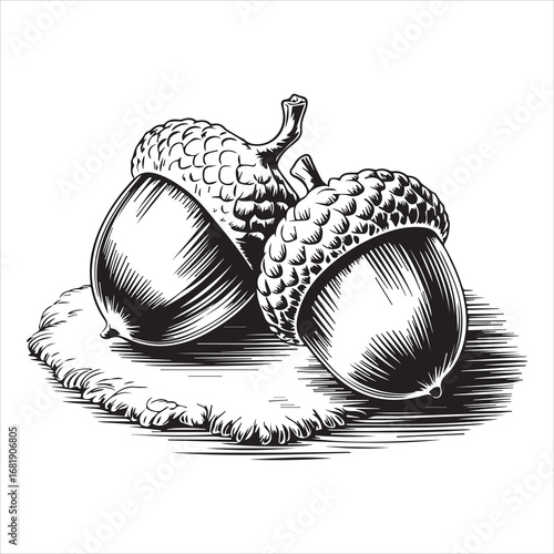 Hand Drawn Acorn Illustration Black and White,Vintage Acorn Sketch Isolated on White,Detailed Acorn Drawing in Engraving Style,Botanical Acorn Artwork in Line Art Style,Classic Acorn Vector in Hand