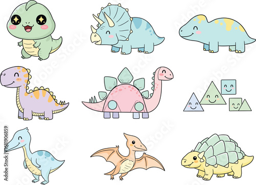 cute cartoon dinosaurs, geometric shapes with faces, kids educational clipart, smiling prehistoric animals, colorful vector illustration set