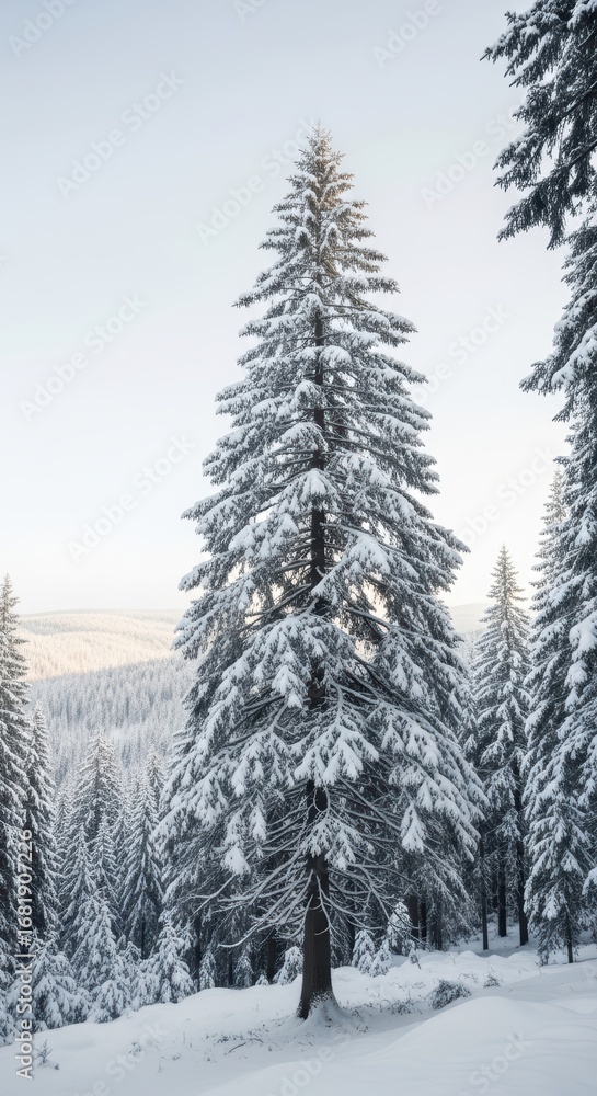 Obraz premium Majestic snow-covered pine trees in serene winter forest landscape