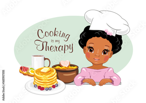 Cute dark skinned girl cook loves to bake pancakes and cook porridge