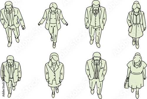 Top view sketch of diverse people walking in winter coats