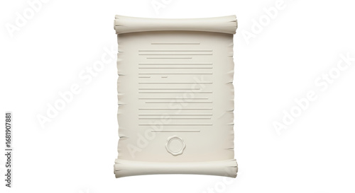 Isolated aged paper scroll with lines of text and a wax seal for antique message