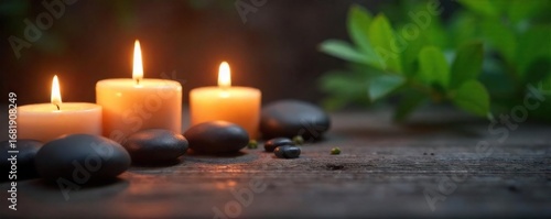 Relaxing spa ambiance with flickering candlelight illuminating smooth stones and aromatic oils, creating a serene atmosphere perfect for wellness and self-care , warm light, luxury, hygge