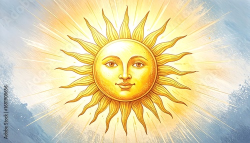Radiant sun with a human face