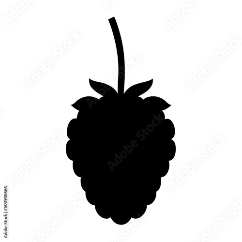 Black silhouette of a raspberry with stem and leafy top on white