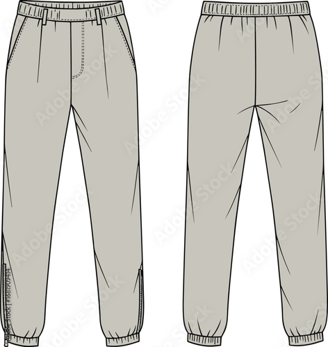 Jogger pants front and back view, cad fashion flat, technical vector drawing, elastic waist pants, clothing design sketch template