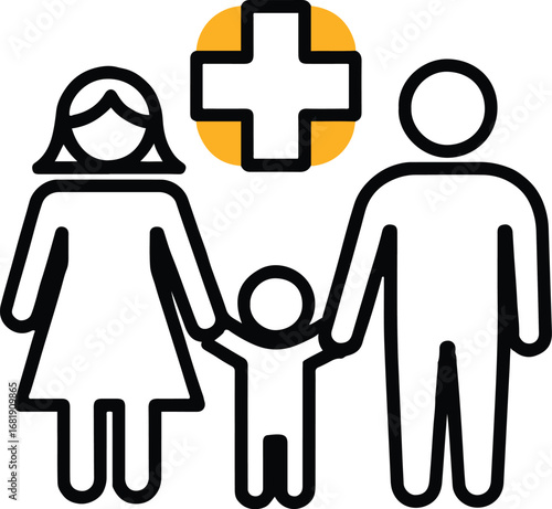 Vector art of family health insurance icon representing care, protection, and support, symbolizing medical assistance, love, and safety for a happy and healthy life
