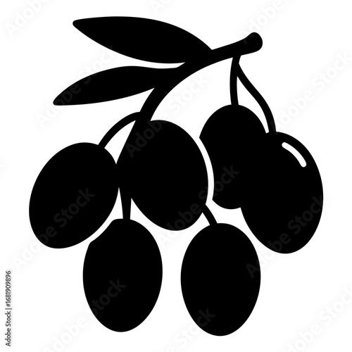 Stylized Olive Branch Icon Depicting Black Olives Hanging from a Twig