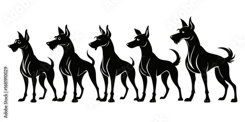 Five distinctive black great dane dog silhouettes standing proudly isolated on white background silhouette