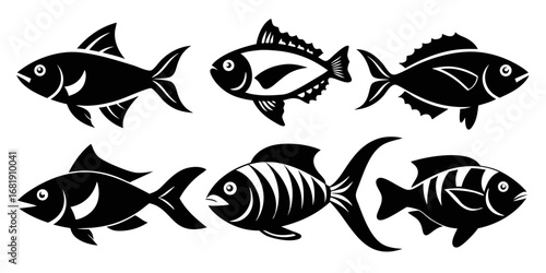 Collection of six stylized fish silhouettes isolated on white background