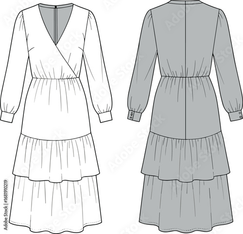 Long sleeve tiered dress technical sketch, flat fashion design, cad drawing, elegant women's dress illustration, garment template, apparel mockup