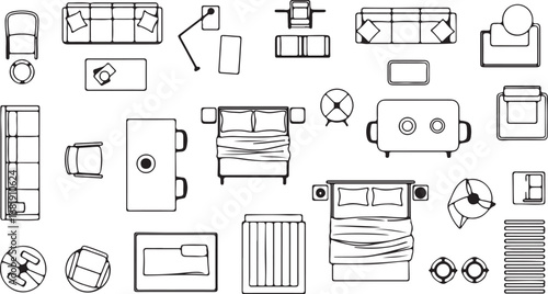 Collection of hand drawn furniture floor plan icons top view