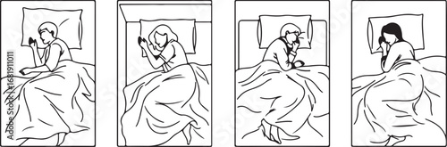 Four panels depicting a person in bed with different poses and expressions