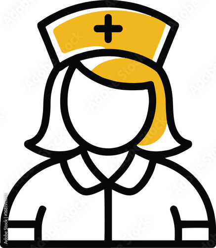 Illustration of a nurse with a yellow cap, representing healthcare, medicine, and the vital role of nurses in providing medical care and support to patients
