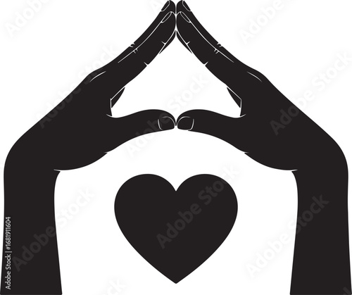 Hands Forming Roof with Heart Inside Silhouette Logo, Home Care Family Love Protection Concept, Minimalist Vector Design