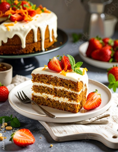 A delightful slice of carrot cake, layered with creamy frosting, garnished with fresh strawberries and orange zest, exudes a sweet and inviting ambiance.