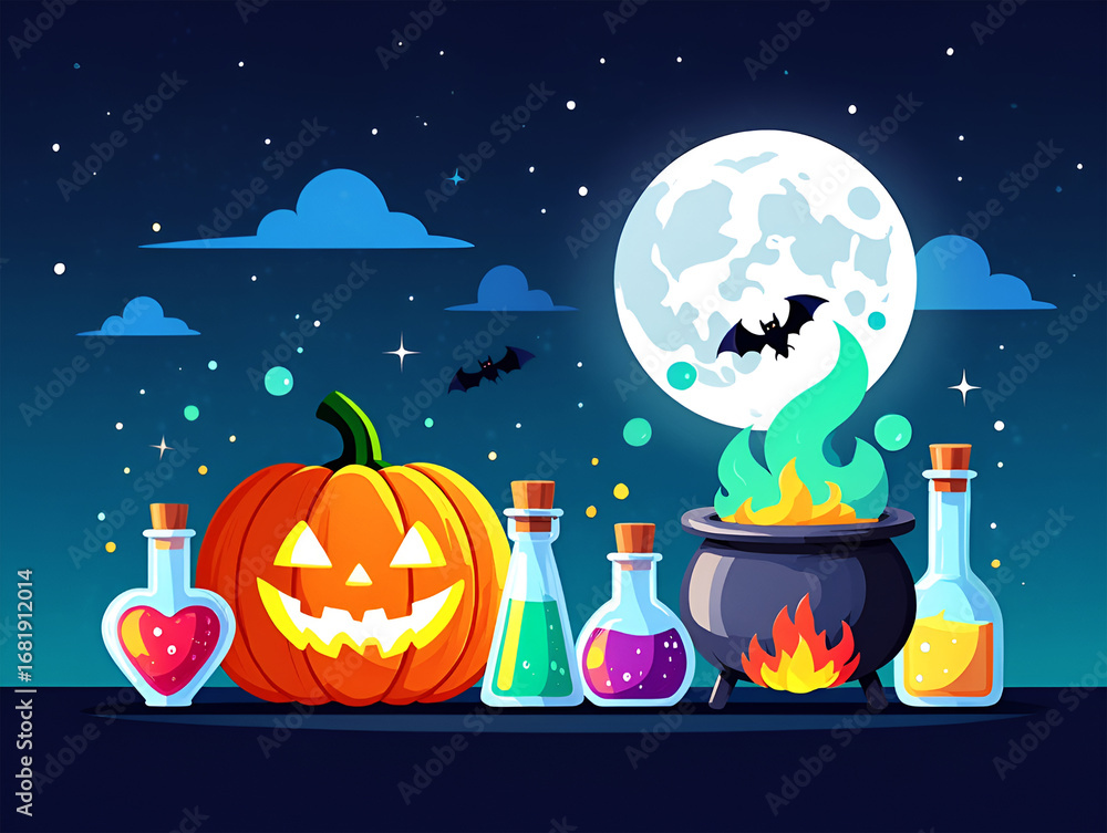 Fototapeta premium Halloween night scene with glowing pumpkin and cauldron potion moon