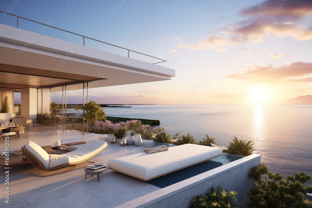 Fototapeta premium Modern Seaside Villa with Infinity Pool | Golden Hour Views & Coastal Luxury Living