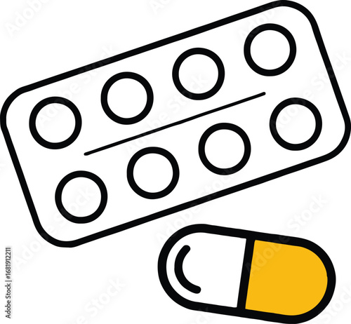 Illustration of pills and a blister pack, representing medicine, healthcare, and the importance of medication in treating illnesses and maintaining health