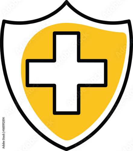 Illustration of a shield with a cross, representing health protection, safety, and medical care in a simple and modern design for various healthcare applications