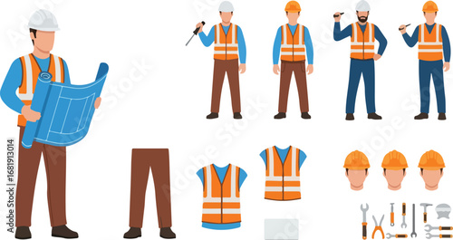 Construction workers and safety gear collection with blueprint and tools