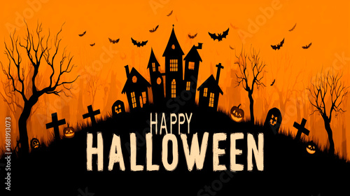 Ilustración de castillo encantado con luna llena y mensaje de Halloween