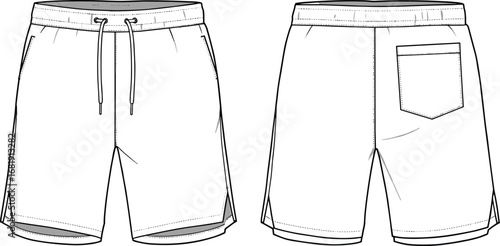 Men’s drawstring casual shorts flat technical sketch, front and back view, fashion design CAD template, vector apparel illustration