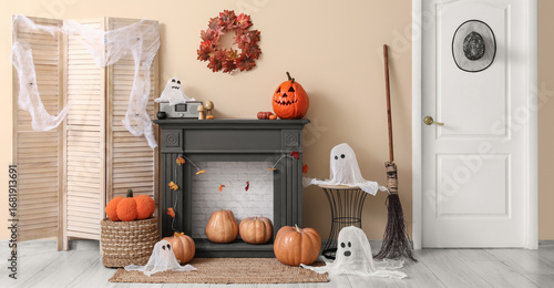Fireplace with pumpkins, gh...