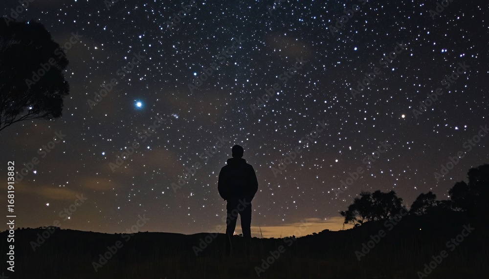 Fototapeta premium The illustration shows a person standing in a field at night, silhouetted against a dark sky filled with numerous stars of varying brightness.