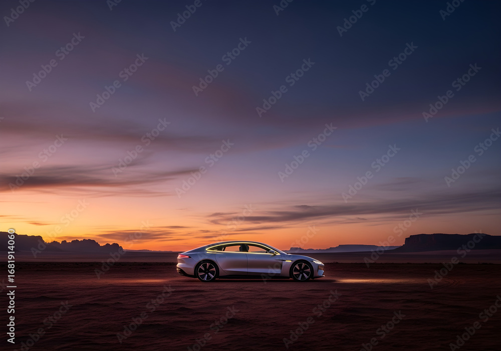 Fototapeta premium Stylish Electric Car at Sunset in the Desert