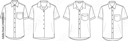 Men’s short sleeve shirt technical flat sketch, button down front, pocket detail, collar design, vector CAD drawing fashion template
