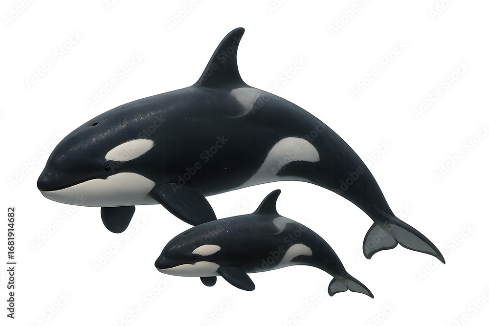 Fototapeta premium Two mother and baby orca whales swimming in the vast open ocean, transparent background.