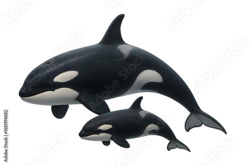 Two mother and baby orca whales swimming in the vast open ocean, transparent background.