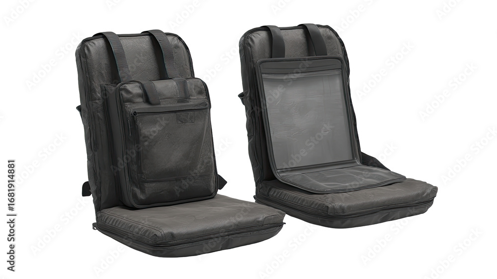Fototapeta premium Two gray, padded, portable seats, each with a small backpack-style bag attached. One seat is angled slightly forward, the other is straight. A see-through panel is visible on the back of each