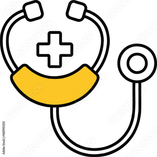 Illustration of a stethoscope with a yellow accent and a cross symbol, , representing medical equipment for healthcare and diagnosis in a clinic or hospital setting