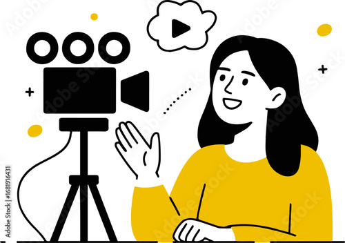 Illustration of a woman is recording a video with a camera, creating online content for her channel, isolated on white background this vector illustration represents digital media production